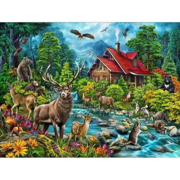 New Deer Forest Throw Blanket Wildlife Scene Fawn Bear Cabin Plush Outdoors NIP - Picture 1 of 4